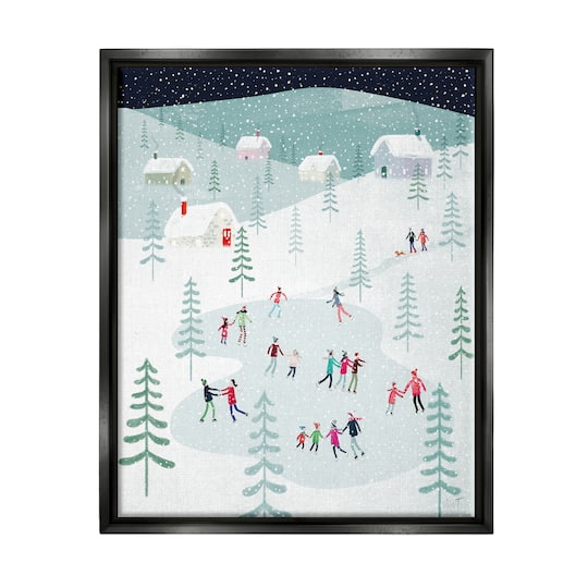 Stupell Industries Ice Skating Families Snowfall Framed Floater Canvas Wall Art